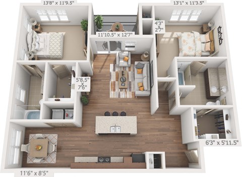 Floor plan for 2 beds, 2 baths, 1158 sqft